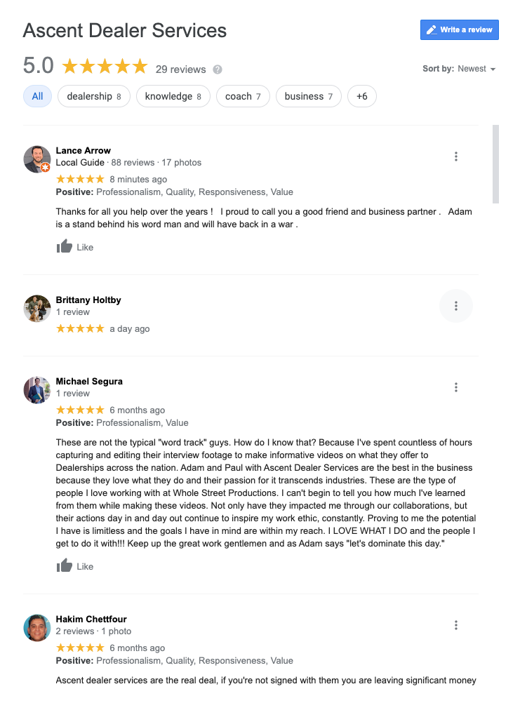 Ascent Dealer Services Google Reviews
